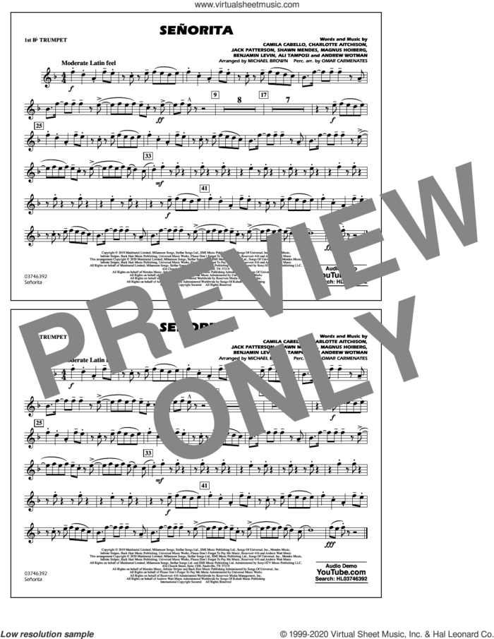 Señorita (arr. Carmenates and Brown) sheet music for marching band (1st Bb trumpet) by Shawn Mendes & Camila Cabello, Michael Brown, Omar Carmenates, Ali Tamposi, Andrew Wotman, Benjamin Levin, Camila Cabello, Charlotte Aitchison, Jack Patterson, Magnus Hoiberg and Shawn Mendes, intermediate skill level
