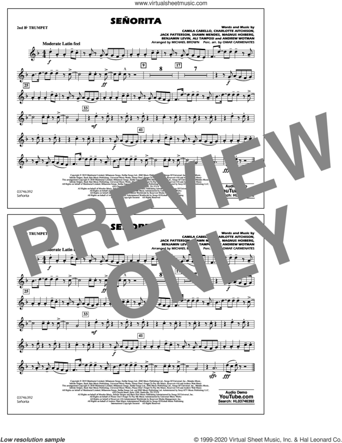Señorita (arr. Carmenates and Brown) sheet music for marching band (2nd Bb trumpet) by Shawn Mendes & Camila Cabello, Michael Brown, Omar Carmenates, Ali Tamposi, Andrew Wotman, Benjamin Levin, Camila Cabello, Charlotte Aitchison, Jack Patterson, Magnus Hoiberg and Shawn Mendes, intermediate skill level