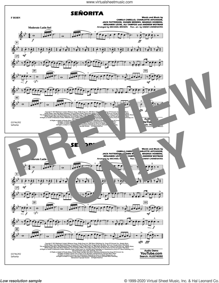 Señorita (arr. Carmenates and Brown) sheet music for marching band (f horn) by Shawn Mendes & Camila Cabello, Michael Brown, Omar Carmenates, Ali Tamposi, Andrew Wotman, Benjamin Levin, Camila Cabello, Charlotte Aitchison, Jack Patterson, Magnus Hoiberg and Shawn Mendes, intermediate skill level