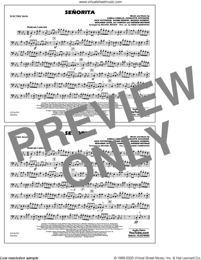 Señorita (arr. Carmenates and Brown) sheet music for marching band (electric bass) by Shawn Mendes & Camila Cabello, Michael Brown, Omar Carmenates, Ali Tamposi, Andrew Wotman, Benjamin Levin, Camila Cabello, Charlotte Aitchison, Jack Patterson, Magnus Hoiberg and Shawn Mendes, intermediate skill level
