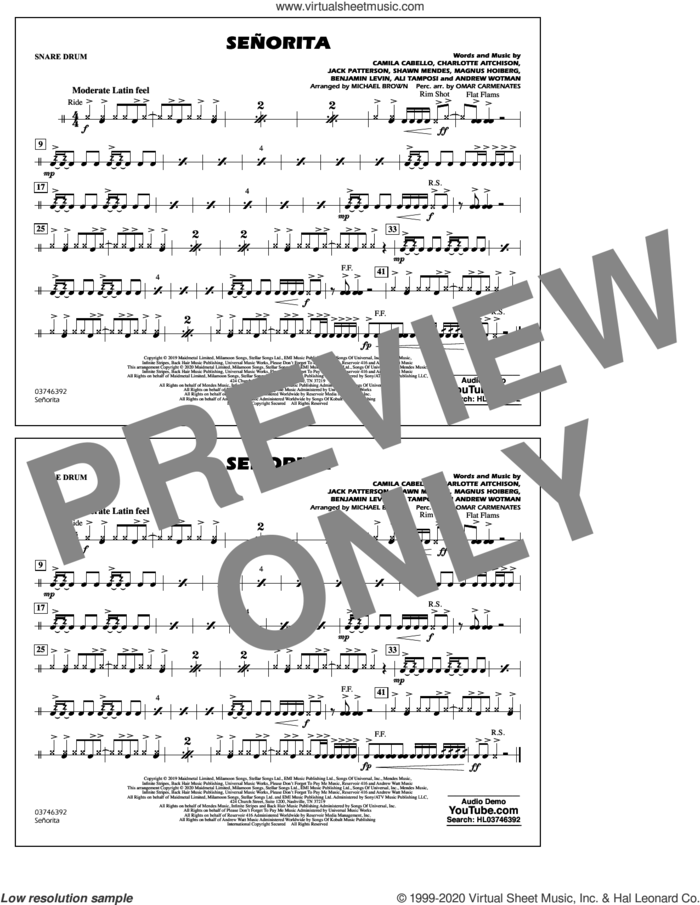Señorita (arr. Carmenates and Brown) sheet music for marching band (snare drum) by Shawn Mendes & Camila Cabello, Michael Brown, Omar Carmenates, Ali Tamposi, Andrew Wotman, Benjamin Levin, Camila Cabello, Charlotte Aitchison, Jack Patterson, Magnus Hoiberg and Shawn Mendes, intermediate skill level