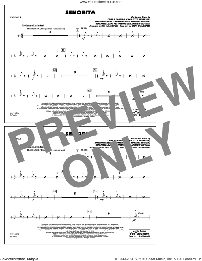 Señorita (arr. Carmenates and Brown) sheet music for marching band (cymbals) by Shawn Mendes & Camila Cabello, Michael Brown, Omar Carmenates, Ali Tamposi, Andrew Wotman, Benjamin Levin, Camila Cabello, Charlotte Aitchison, Jack Patterson, Magnus Hoiberg and Shawn Mendes, intermediate skill level