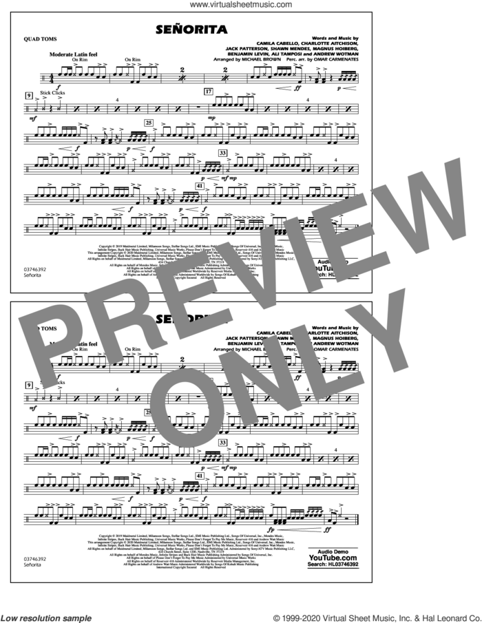 Señorita (arr. Carmenates and Brown) sheet music for marching band (quad toms) by Shawn Mendes & Camila Cabello, Michael Brown, Omar Carmenates, Ali Tamposi, Andrew Wotman, Benjamin Levin, Camila Cabello, Charlotte Aitchison, Jack Patterson, Magnus Hoiberg and Shawn Mendes, intermediate skill level