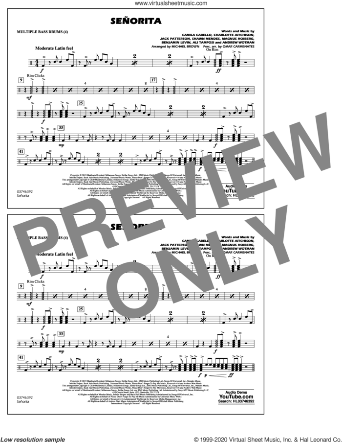 Señorita (arr. Carmenates and Brown) sheet music for marching band (multiple bass drums) by Shawn Mendes & Camila Cabello, Michael Brown, Omar Carmenates, Ali Tamposi, Andrew Wotman, Benjamin Levin, Camila Cabello, Charlotte Aitchison, Jack Patterson, Magnus Hoiberg and Shawn Mendes, intermediate skill level
