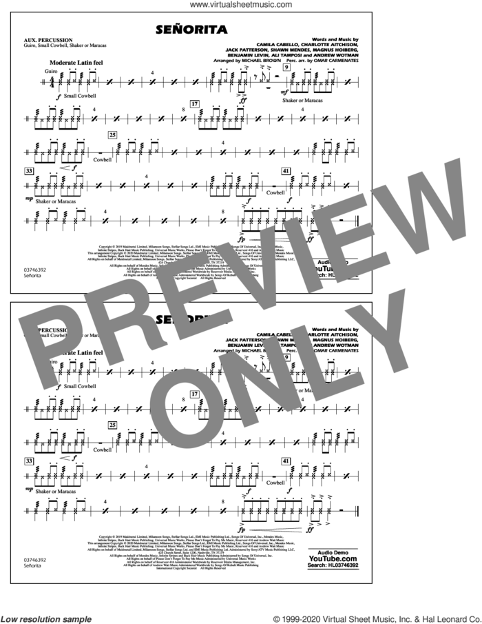 Señorita (arr. Carmenates and Brown) sheet music for marching band (aux percussion) by Shawn Mendes & Camila Cabello, Michael Brown, Omar Carmenates, Ali Tamposi, Andrew Wotman, Benjamin Levin, Camila Cabello, Charlotte Aitchison, Jack Patterson, Magnus Hoiberg and Shawn Mendes, intermediate skill level