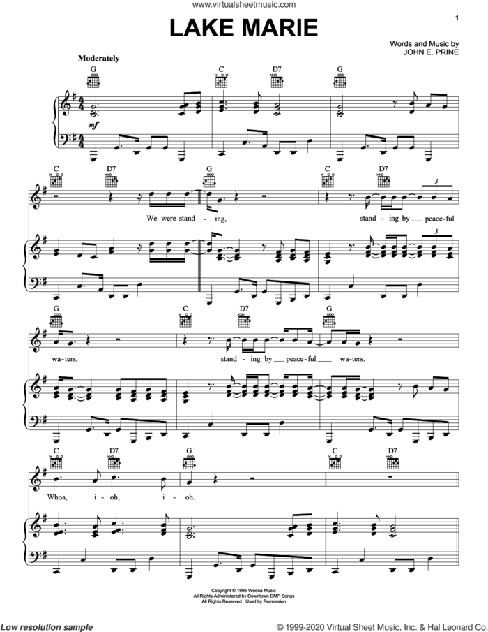 Lake Marie sheet music for voice, piano or guitar by John Prine and John E. Prine, intermediate skill level