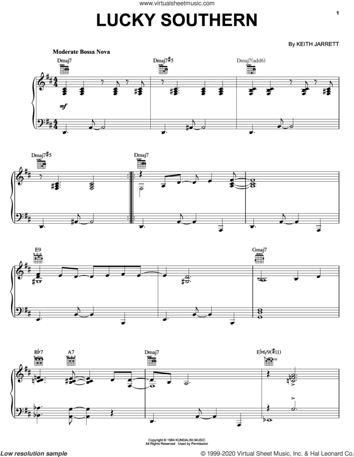Lucky Southern sheet music for piano solo by Keith Jarrett, intermediate skill level