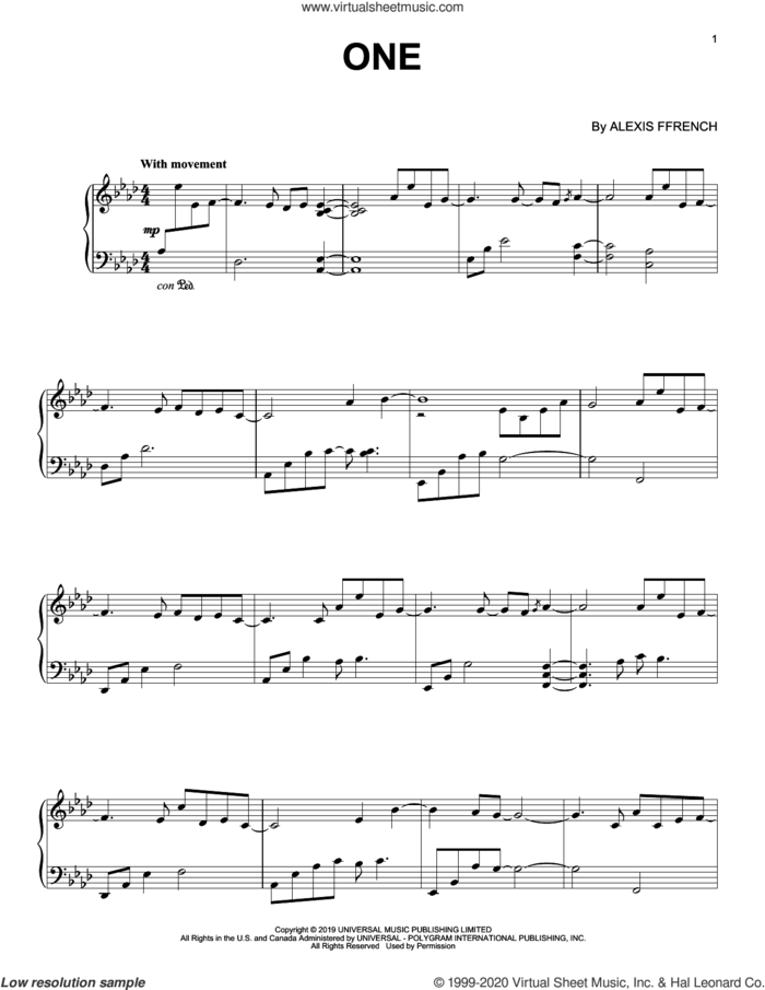 One sheet music for piano solo by Alexis Ffrench, intermediate skill level