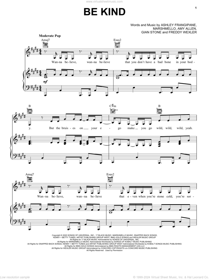 Be Kind sheet music for voice, piano or guitar by Marshmello & Halsey, Amy Allen, Ashley Frangipane, Freddy Wexler, Gian Stone and Marshmello, intermediate skill level