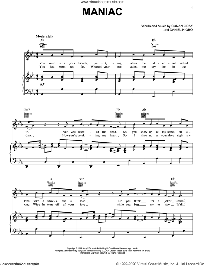 Maniac sheet music for voice, piano or guitar by Conan Gray and Daniel Nigro, intermediate skill level