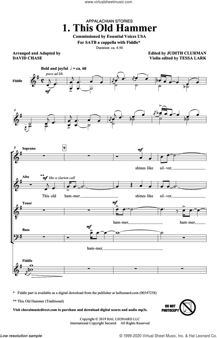 This Old Hammer (No. 1 from Appalachian Stories) sheet music for choir (SATB: soprano, alto, tenor, bass) by David Chase, Judith Clurman, Tessa Lark and Miscellaneous, intermediate skill level