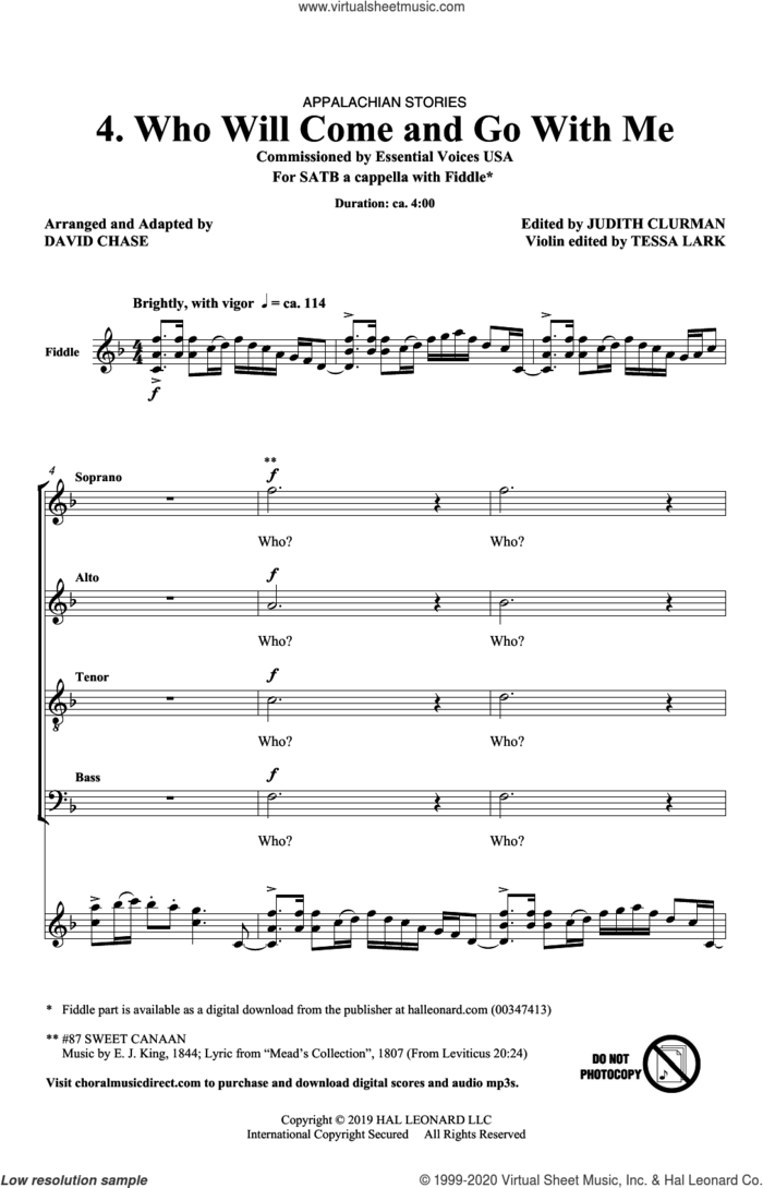 Who Will Come And Go With Me (No. 4 from Appalachian Stories) sheet music for choir (SATB: soprano, alto, tenor, bass) by David Chase, Judith Clurman, Tessa Lark and Miscellaneous, intermediate skill level