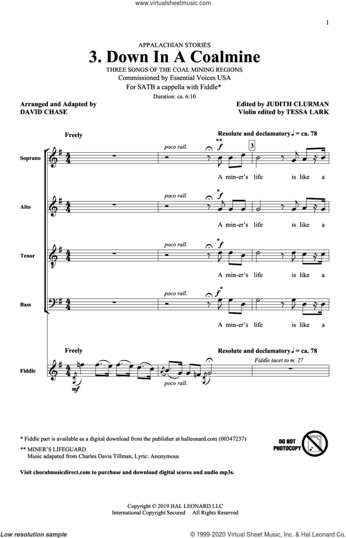Down In A Coalmine (No. 3 from Appalachian Stories) sheet music for choir (SATB: soprano, alto, tenor, bass) by David Chase, Judith Clurman, Tessa Lark and Miscellaneous, intermediate skill level