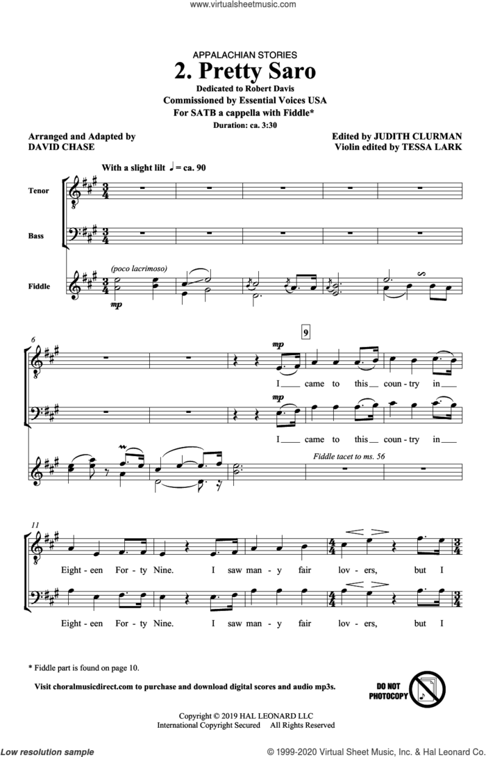 Pretty Saro (No. 2 from Appalachian Stories) sheet music for choir (SATB: soprano, alto, tenor, bass) by David Chase, Judith Clurman, Tessa Lark and Miscellaneous, intermediate skill level
