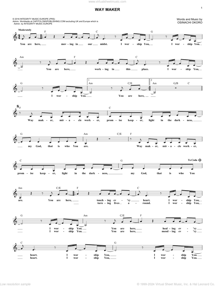 Way Maker sheet music for voice and other instruments (fake book) by Sinach and Osinachi Okoro, intermediate skill level