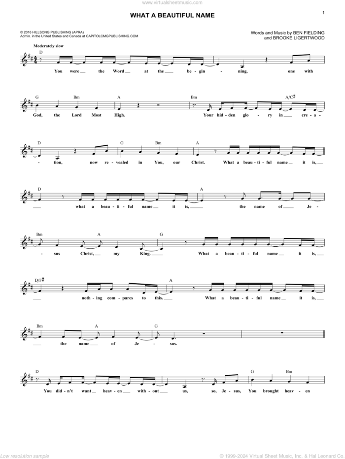 What A Beautiful Name sheet music for voice and other instruments (fake book) by Hillsong Worship, Ben Fielding and Brooke Ligertwood, intermediate skill level