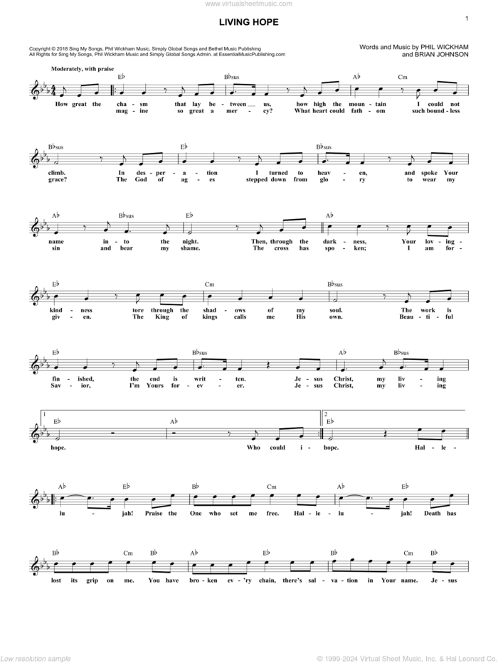 Living Hope sheet music for voice and other instruments (fake book) by Phil Wickham and Brian Johnson, intermediate skill level