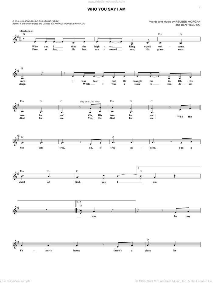 Who You Say I Am sheet music for voice and other instruments (fake book) by Hillsong Worship, Ben Fielding and Reuben Morgan, intermediate skill level