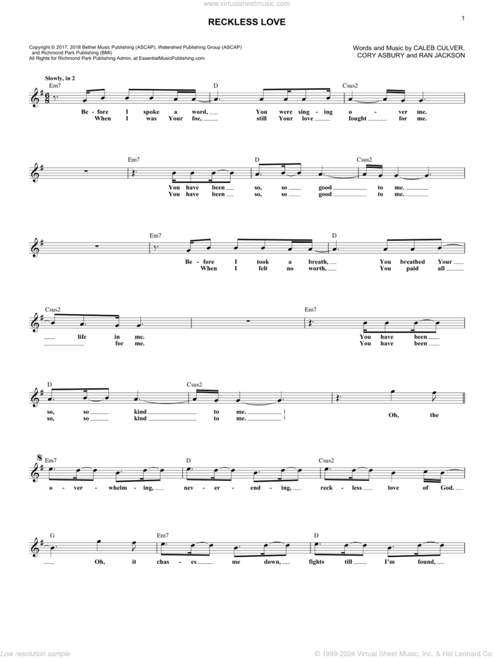 Reckless Love sheet music for voice and other instruments (fake book) by Cory Asbury, Caleb Culver and Ran Jackson, intermediate skill level