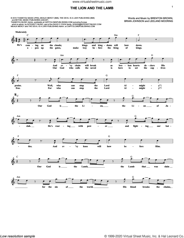 The Lion And The Lamb sheet music for voice and other instruments (fake book) by Big Daddy Weave, Brenton Brown, Brian Johnson and Leeland Mooring, intermediate skill level
