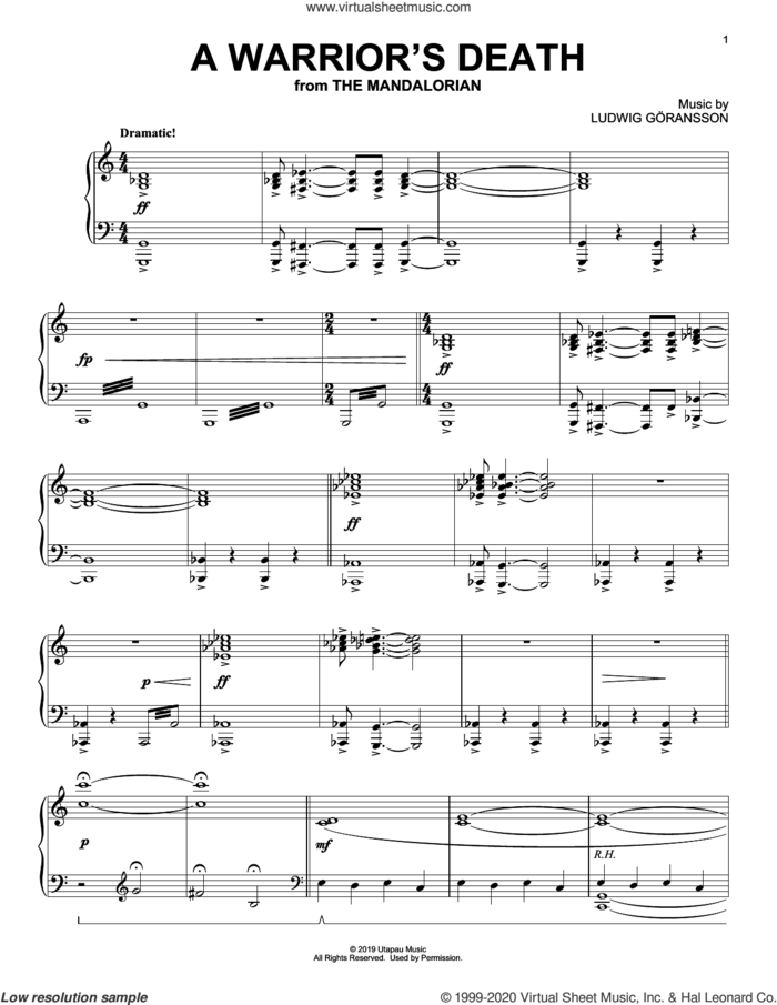 A Warrior's Death (from Star Wars: The Mandalorian) sheet music for piano solo by Ludwig Göransson and Ludwig Goransson, intermediate skill level