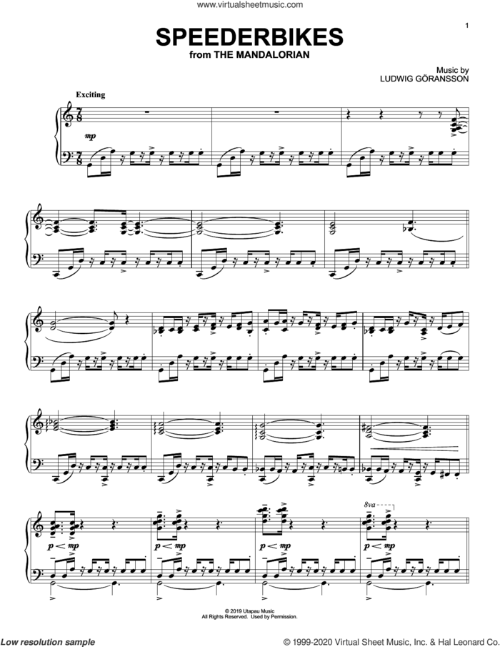 Speederbikes (from Star Wars: The Mandalorian) sheet music for piano solo by Ludwig Göransson and Ludwig Goransson, intermediate skill level