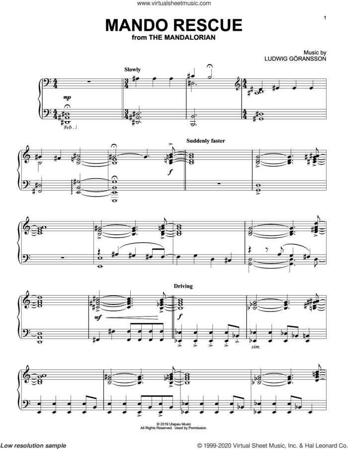 Mando Rescue (from Star Wars: The Mandalorian) sheet music for piano solo by Ludwig Göransson and Ludwig Goransson, intermediate skill level