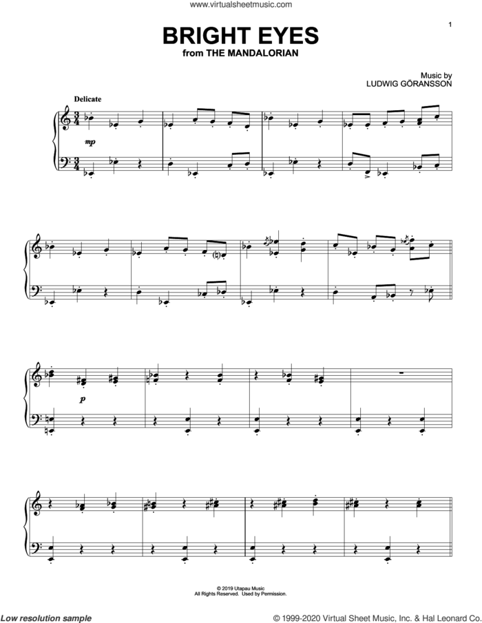 Bright Eyes (from Star Wars: The Mandalorian) sheet music for piano solo by Ludwig Göransson and Ludwig Goransson, intermediate skill level