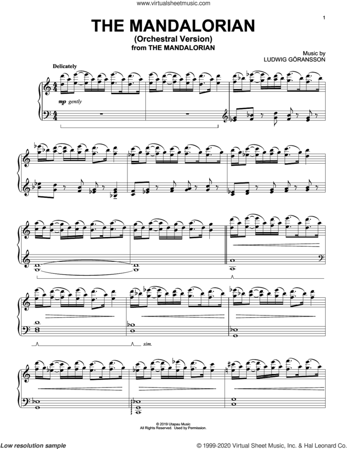 The Mandalorian (Orchestral Version) (from Star Wars: The Mandalorian) sheet music for piano solo by Ludwig Göransson and Ludwig Goransson, intermediate skill level