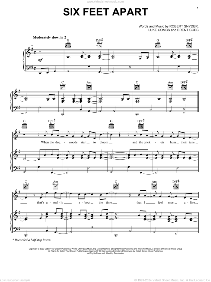 Six Feet Apart sheet music for voice, piano or guitar by Luke Combs, Brent Cobb and Robert Snyder, intermediate skill level