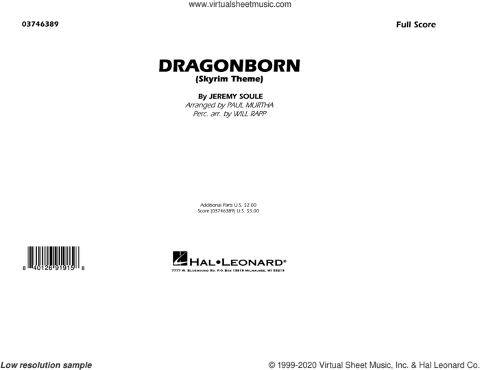 Dragonborn (Skyrim Theme) (arr. Will Rapp and Paul Murtha) (COMPLETE) sheet music for marching band by Paul Murtha, Jeremy Soule and Will Rapp, intermediate skill level