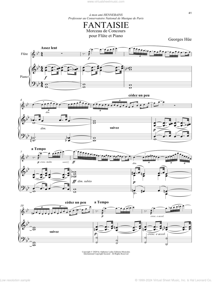 Fantaisie sheet music for flute and piano by Georges Hüe and Georges Hue, classical score, intermediate skill level