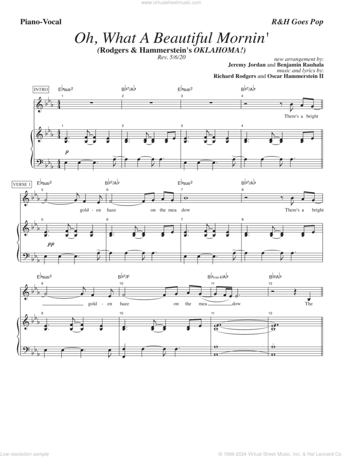 Oh, What A Beautiful Mornin' [R&H Goes Pop! version] (from Oklahoma!) sheet music for voice and piano by Rodgers & Hammerstein, Benjamin Rauhala, Jeremy Jordan, Oscar II Hammerstein and Richard Rodgers, intermediate skill level