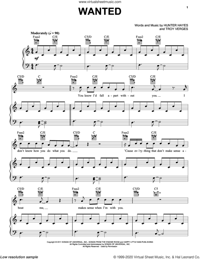 Wanted sheet music for voice, piano or guitar by Hunter Hayes and Troy Verges, intermediate skill level