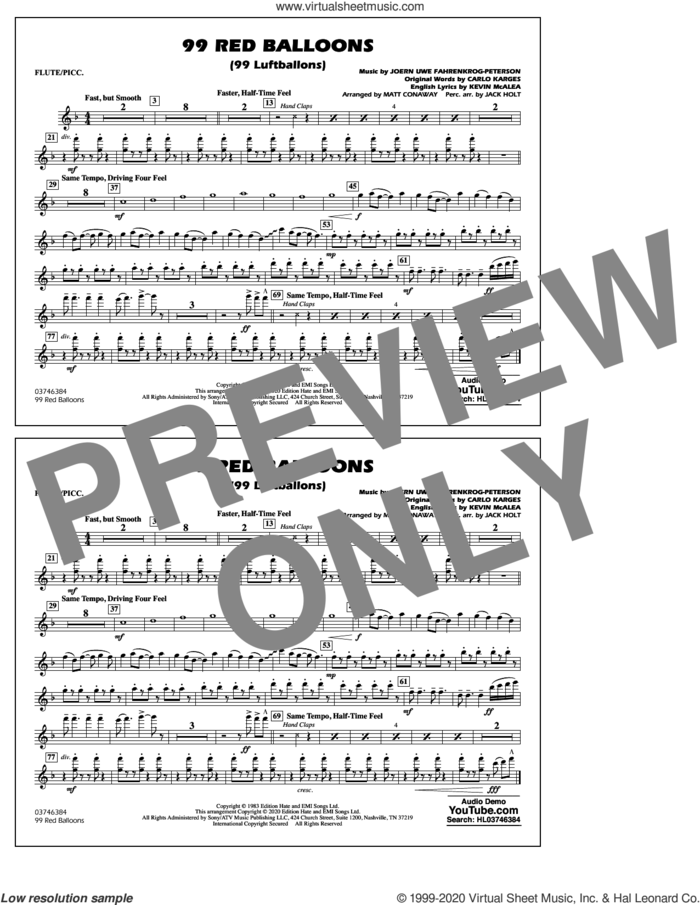 99 Red Balloons (arr. Holt and Conaway) sheet music for marching band (flute/piccolo) by Nena, Jack Holt, Matt Conaway, Carlo Karges, Joern Uwe Fahrenkrog-Peterson and Kevin McAlea, intermediate skill level