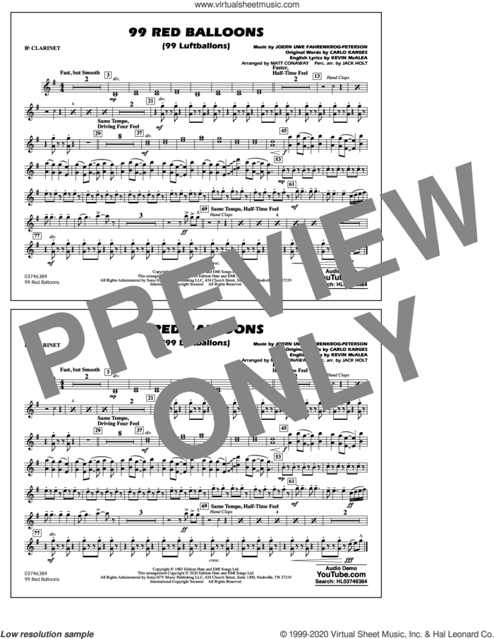 99 Red Balloons (arr. Holt and Conaway) sheet music for marching band (Bb clarinet) by Nena, Jack Holt, Matt Conaway, Carlo Karges, Joern Uwe Fahrenkrog-Peterson and Kevin McAlea, intermediate skill level