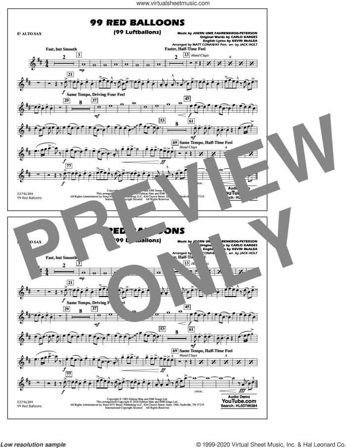 99 Red Balloons (arr. Holt and Conaway) sheet music for marching band (Eb alto sax) by Nena, Jack Holt, Matt Conaway, Carlo Karges, Joern Uwe Fahrenkrog-Peterson and Kevin McAlea, intermediate skill level