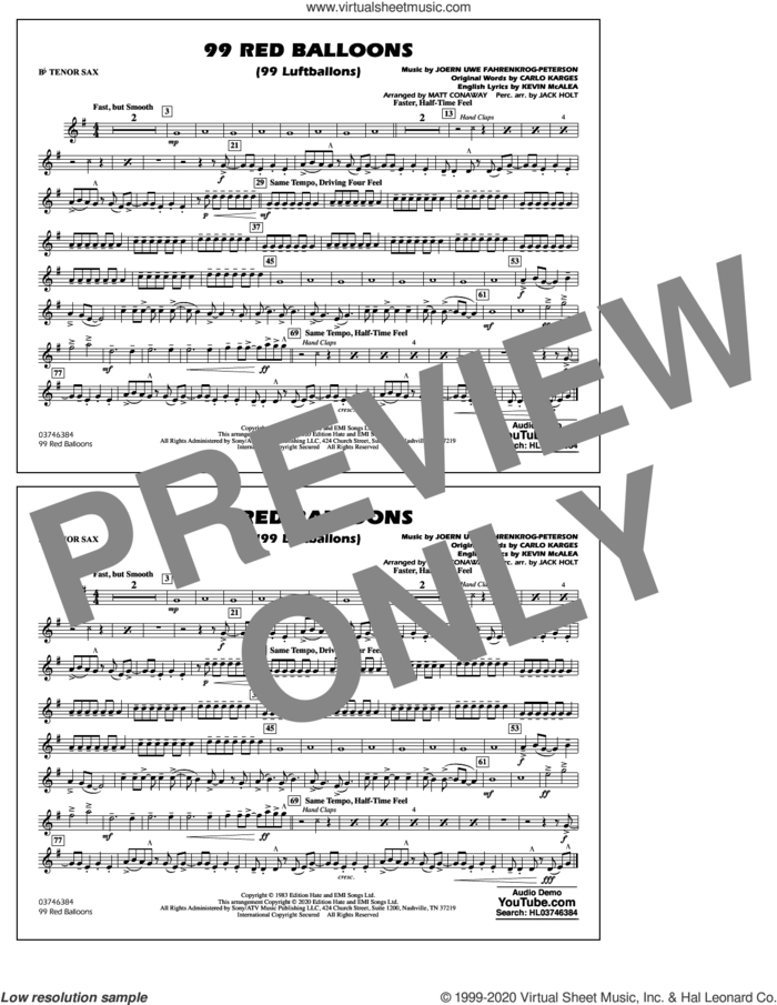 99 Red Balloons (arr. Holt and Conaway) sheet music for marching band (Bb tenor sax) by Nena, Jack Holt, Matt Conaway, Carlo Karges, Joern Uwe Fahrenkrog-Peterson and Kevin McAlea, intermediate skill level