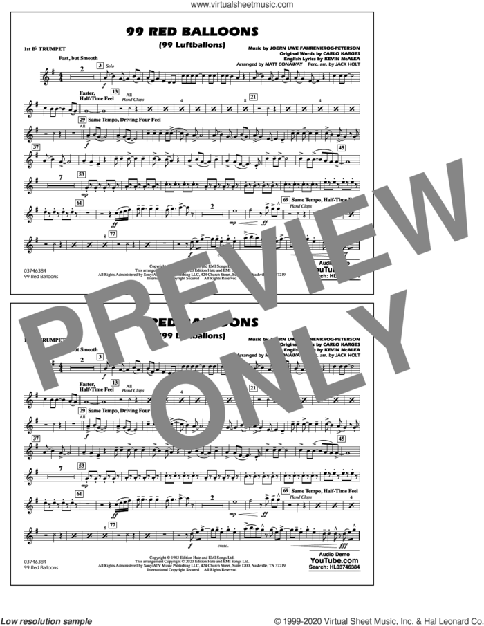 99 Red Balloons (arr. Holt and Conaway) sheet music for marching band (1st Bb trumpet) by Nena, Jack Holt, Matt Conaway, Carlo Karges, Joern Uwe Fahrenkrog-Peterson and Kevin McAlea, intermediate skill level