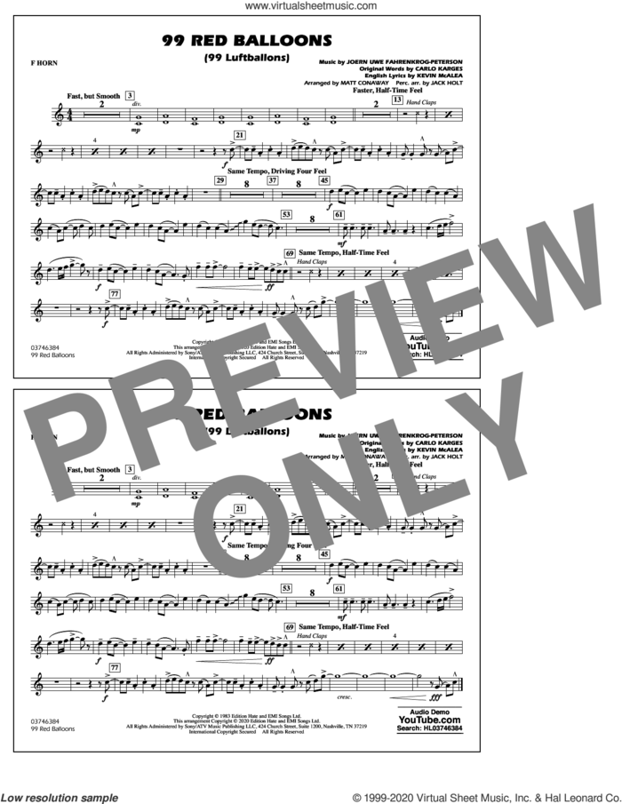99 Red Balloons (arr. Holt and Conaway) sheet music for marching band (f horn) by Nena, Jack Holt, Matt Conaway, Carlo Karges, Joern Uwe Fahrenkrog-Peterson and Kevin McAlea, intermediate skill level