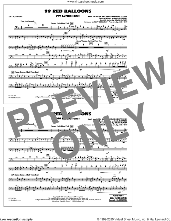 99 Red Balloons (arr. Holt and Conaway) sheet music for marching band (1st trombone) by Nena, Jack Holt, Matt Conaway, Carlo Karges, Joern Uwe Fahrenkrog-Peterson and Kevin McAlea, intermediate skill level