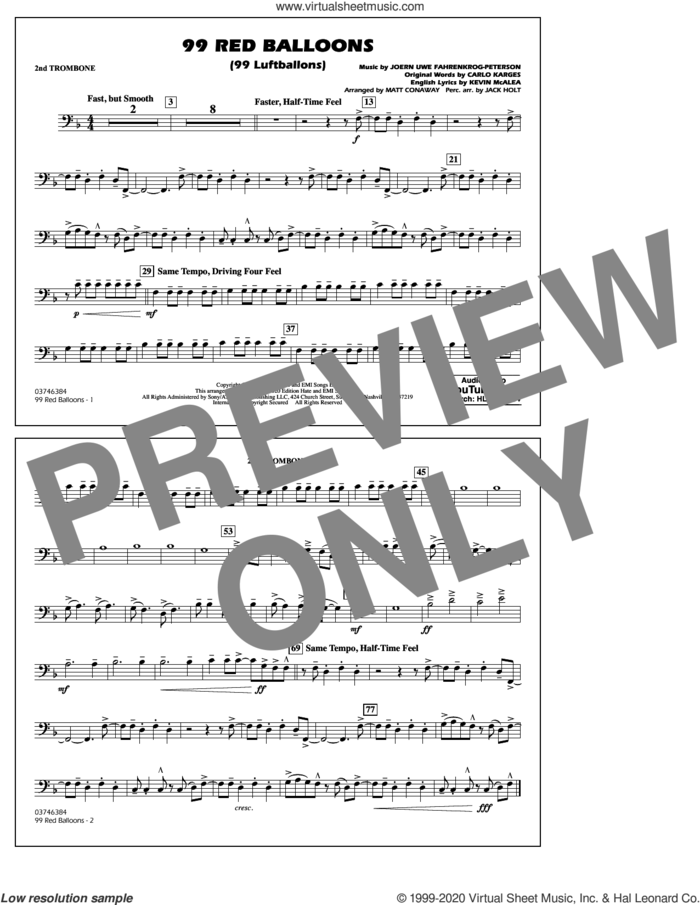 99 Red Balloons (arr. Holt and Conaway) sheet music for marching band (2nd trombone) by Nena, Jack Holt, Matt Conaway, Carlo Karges, Joern Uwe Fahrenkrog-Peterson and Kevin McAlea, intermediate skill level