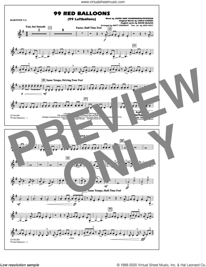 99 Red Balloons (arr. Holt and Conaway) sheet music for marching band (baritone t.c.) by Nena, Jack Holt, Matt Conaway, Carlo Karges, Joern Uwe Fahrenkrog-Peterson and Kevin McAlea, intermediate skill level