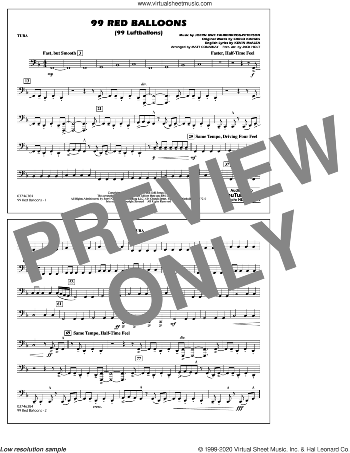 99 Red Balloons (arr. Holt and Conaway) sheet music for marching band (tuba) by Nena, Jack Holt, Matt Conaway, Carlo Karges, Joern Uwe Fahrenkrog-Peterson and Kevin McAlea, intermediate skill level