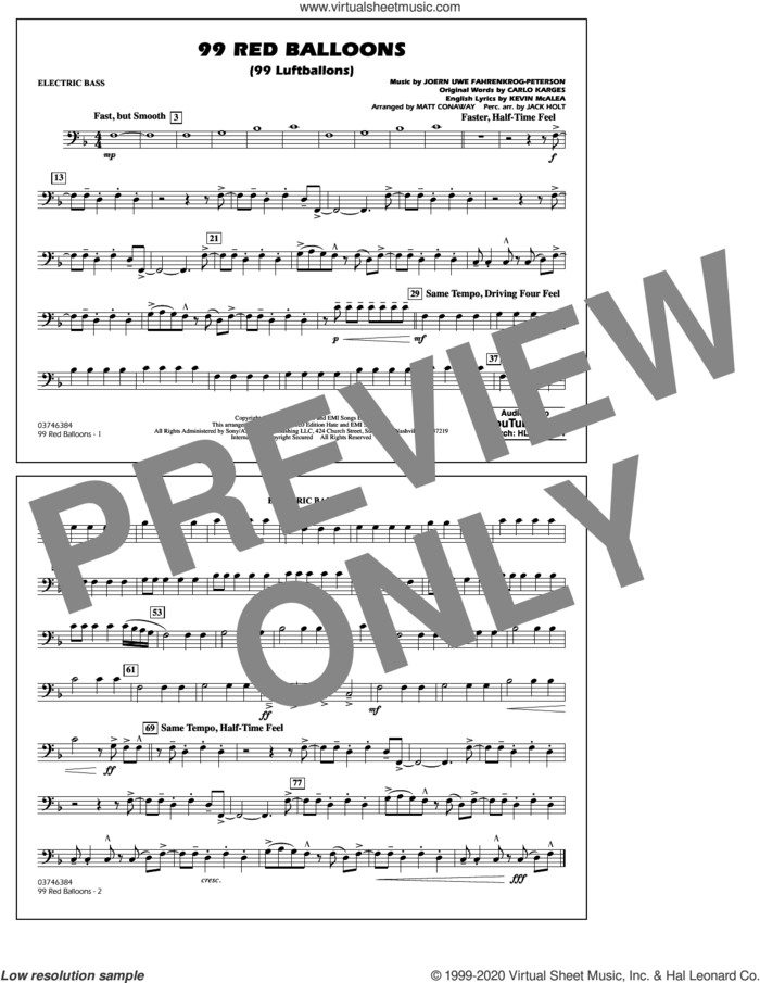 99 Red Balloons (arr. Holt and Conaway) sheet music for marching band (electric bass) by Nena, Jack Holt, Matt Conaway, Carlo Karges, Joern Uwe Fahrenkrog-Peterson and Kevin McAlea, intermediate skill level