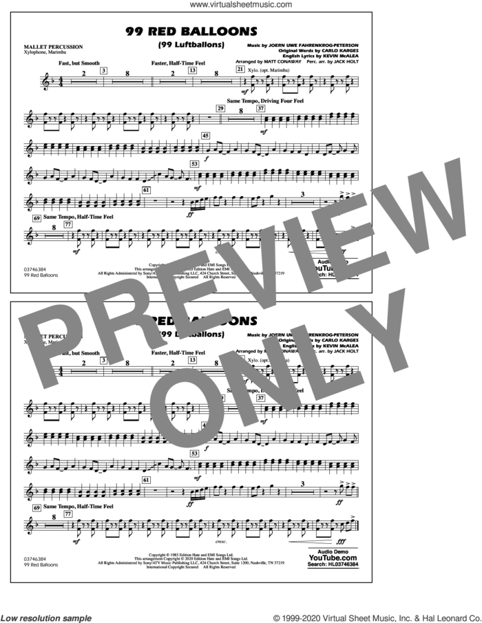 99 Red Balloons (arr. Holt and Conaway) sheet music for marching band (mallet percussion) by Nena, Jack Holt, Matt Conaway, Carlo Karges, Joern Uwe Fahrenkrog-Peterson and Kevin McAlea, intermediate skill level