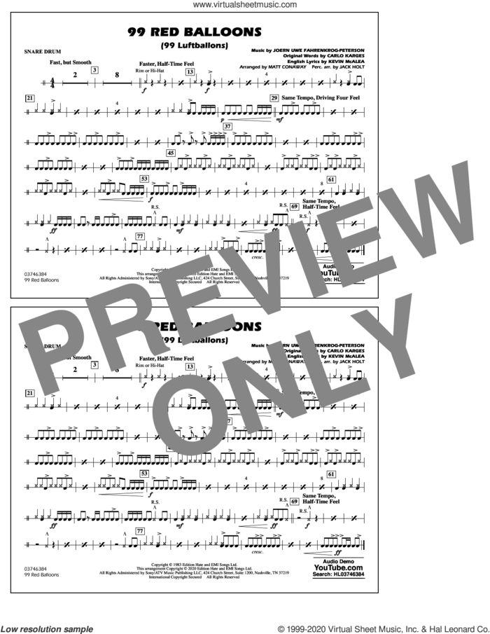 99 Red Balloons (arr. Holt and Conaway) sheet music for marching band (snare drum) by Nena, Jack Holt, Matt Conaway, Carlo Karges, Joern Uwe Fahrenkrog-Peterson and Kevin McAlea, intermediate skill level