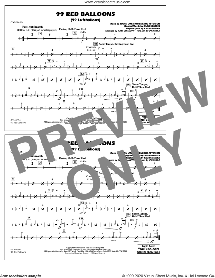 99 Red Balloons (arr. Holt and Conaway) sheet music for marching band (cymbals) by Nena, Jack Holt, Matt Conaway, Carlo Karges, Joern Uwe Fahrenkrog-Peterson and Kevin McAlea, intermediate skill level