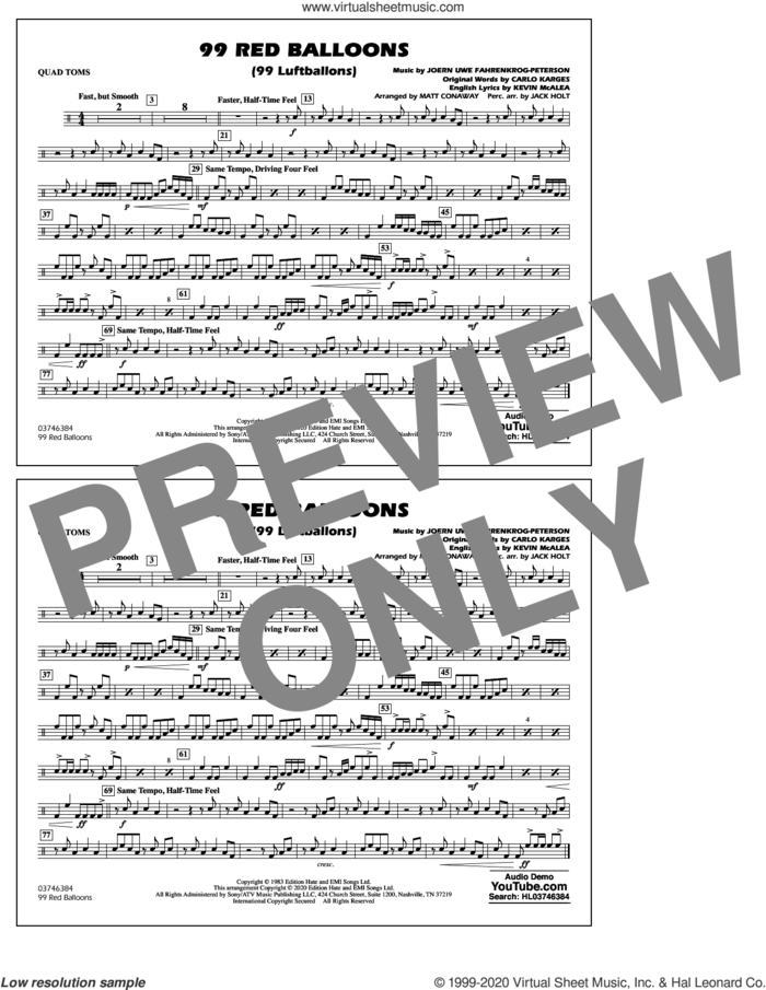 99 Red Balloons (arr. Holt and Conaway) sheet music for marching band (quad toms) by Nena, Jack Holt, Matt Conaway, Carlo Karges, Joern Uwe Fahrenkrog-Peterson and Kevin McAlea, intermediate skill level