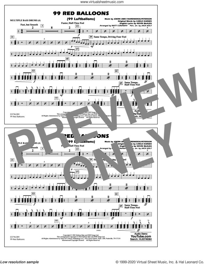 99 Red Balloons (arr. Holt and Conaway) sheet music for marching band (multiple bass drums) by Nena, Jack Holt, Matt Conaway, Carlo Karges, Joern Uwe Fahrenkrog-Peterson and Kevin McAlea, intermediate skill level